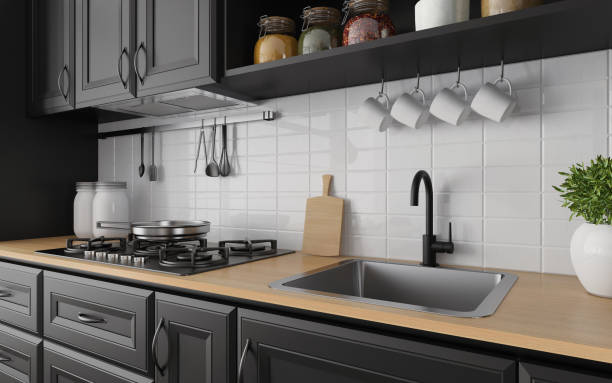 istock Modern Scandinavian kitchen with matte black traditional cabinet design 1267057728
