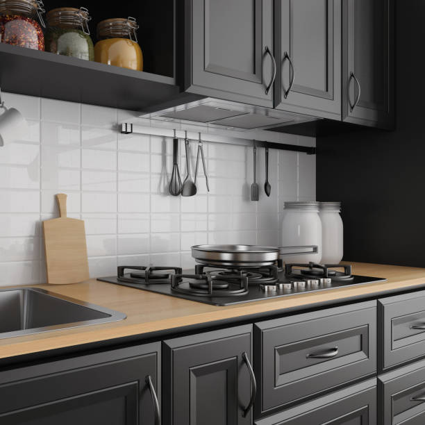 istock Modern Scandinavian kitchen with matte black traditional cabinet design 1267057918