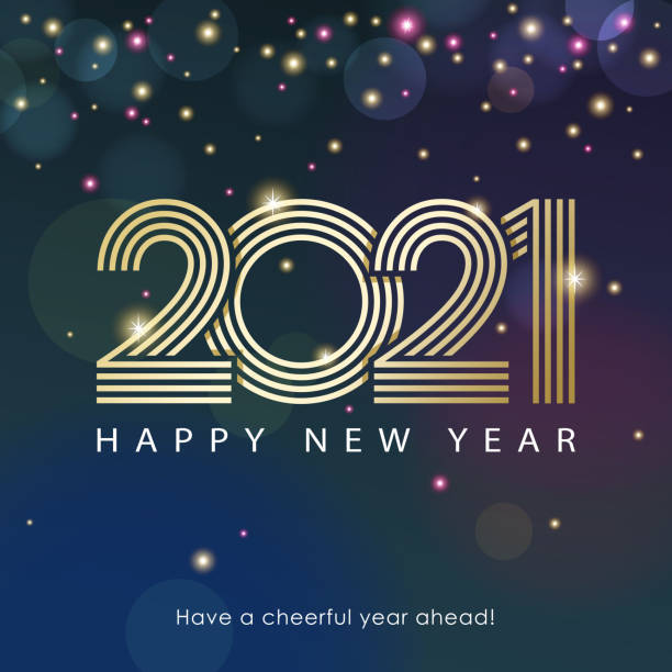 Join the celebration party for the New Year 2021 with lights and outline of 2020 sparkling on the starry background