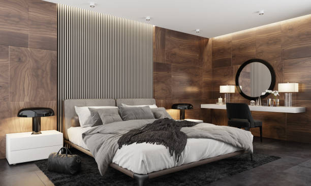 istock Wooden panels wall in luxurious apartment master bedroom interior 1267058689