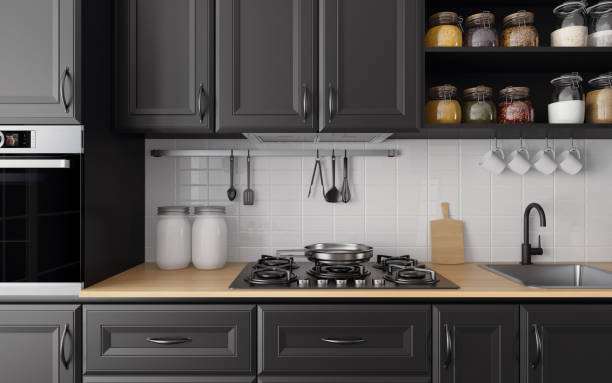 istock Modern Scandinavian kitchen with matte black traditional cabinet design 1267059374