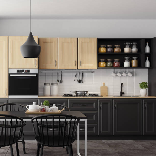 istock Modern Scandinavian kitchen and dining room with matte light and dark wood traditional design cabinets 1267060146
