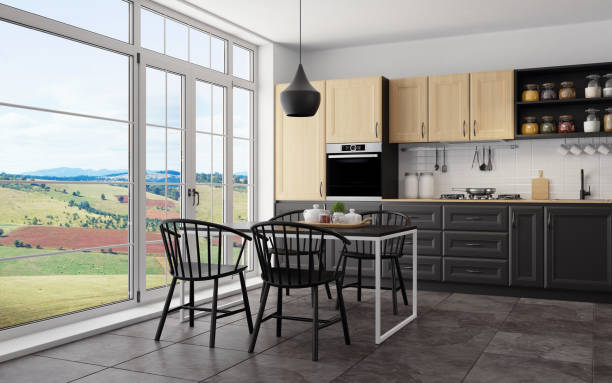 istock Modern Scandinavian kitchen and dining room with matte light and dark wood traditional design cabinets 1267060202