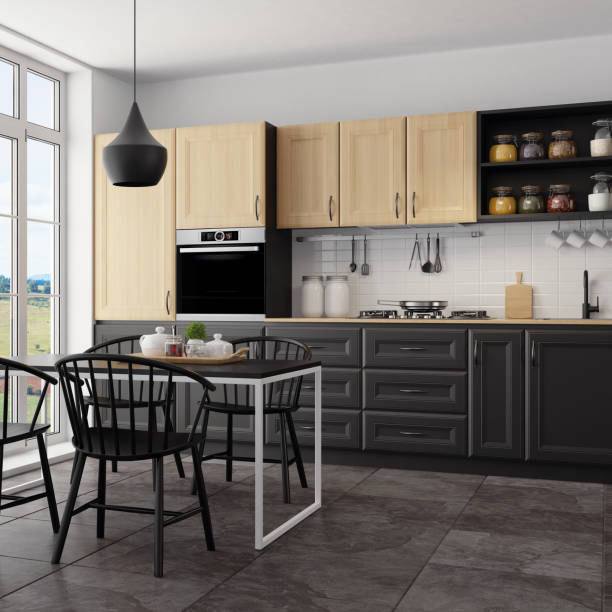 istock Modern Scandinavian kitchen and dining room with matte light and dark wood traditional design cabinets 1267060228