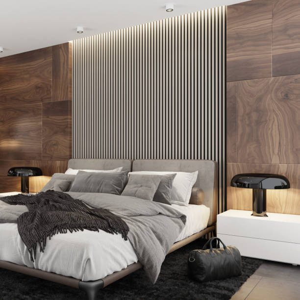 istock Wooden panels wall in luxurious apartment master bedroom interior 1267061027