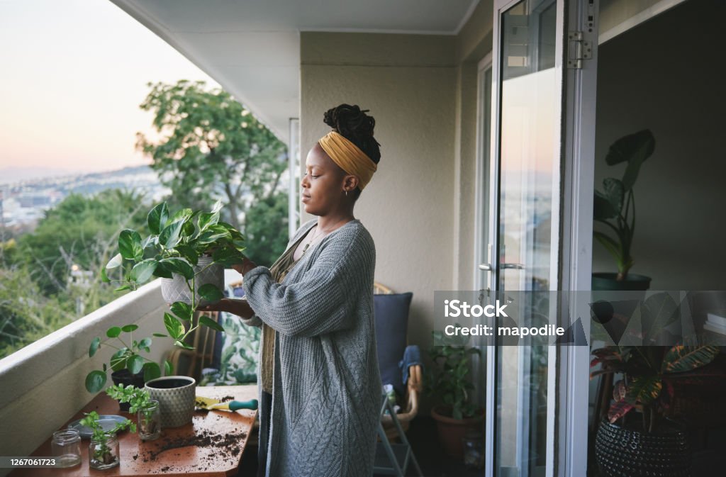 When your plants bloom, so do you Shot of a young woman gardening at home Sustainable Lifestyle Stock Photo