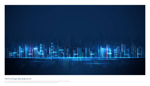 Futuristic blue smart city background concept of smart or digital city, wire frame Cityscape in futuristic style light natural phenomenon stock illustrations
