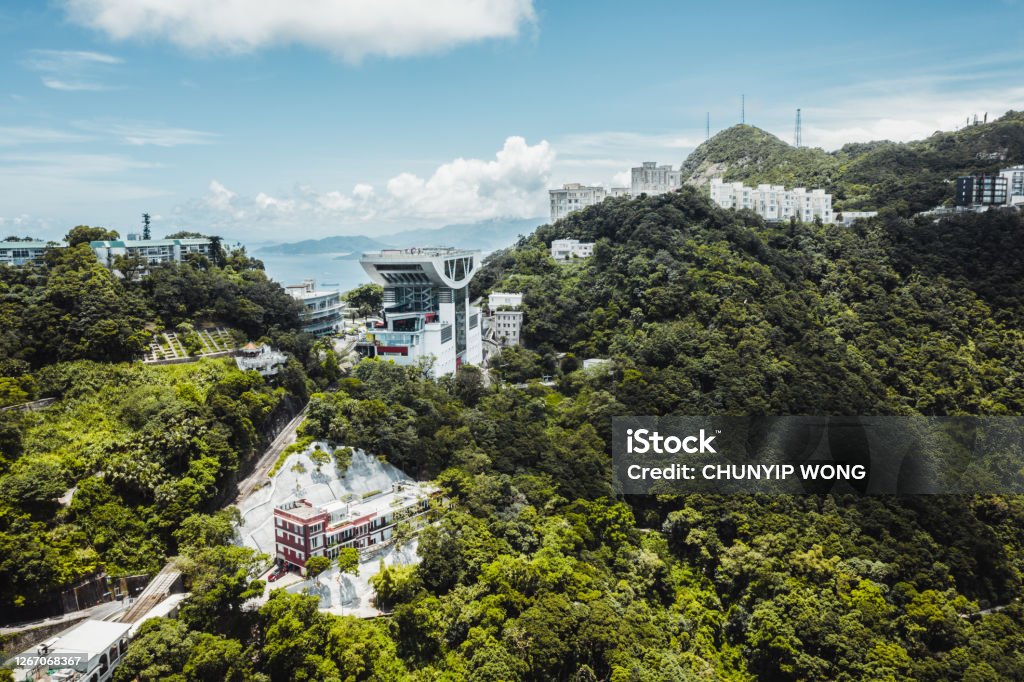 Drone view of The Peak Tower Hong Kong Stock Photo