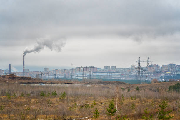 vista di un impianto chimico con camini fumanti - oil storage tank storage compartment fuel and power generation foto e immagini stock