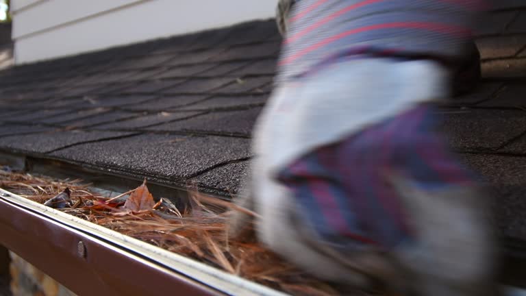 Video of a woman cleaning a roof gutter.