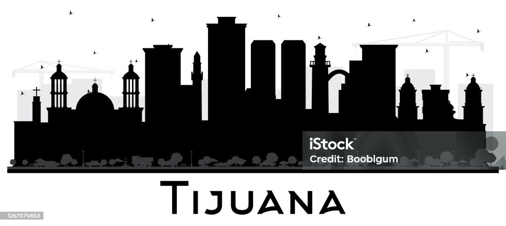 Тихуана Мехико Скайлайн Силуэт с черными зданиями изолированы на белом. - Векторная графика Тихуана роялти-фри