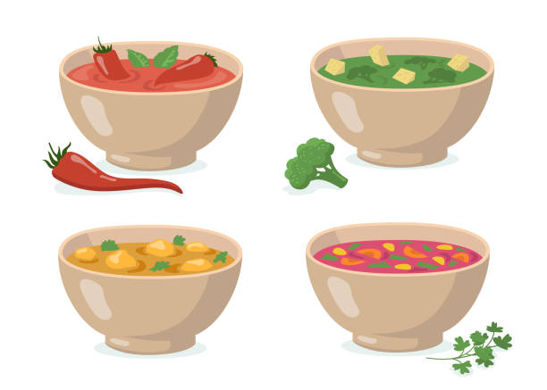 ilustrações de stock, clip art, desenhos animados e ícones de bowls of soups set - tomato curry