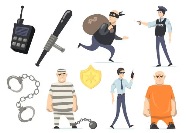 Vector illustration of Criminals and police officers set