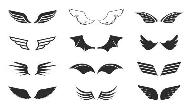 Vector illustration of Monochrome wings set