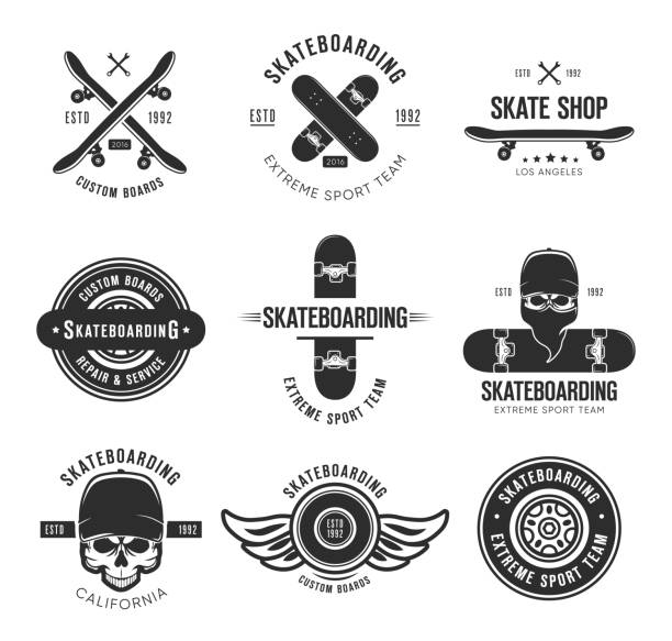Vintage skateboarding tattoo flat emblems set Vintage skateboarding tattoo flat emblems set. Black monochrome labels or signs with skateboard and skull vector illustration collection. Summer, extreme sport and lifestyle concept skateboard tattoo stock illustrations