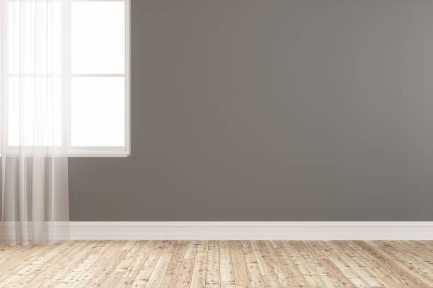 istock Blank Grey Wall With Window, Curtain And Floor, Mock Up. 1267079246