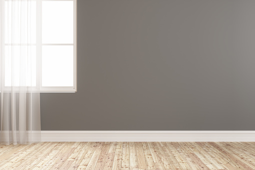 Blank Grey Wall With Window, Curtain And Floor, Mock Up.