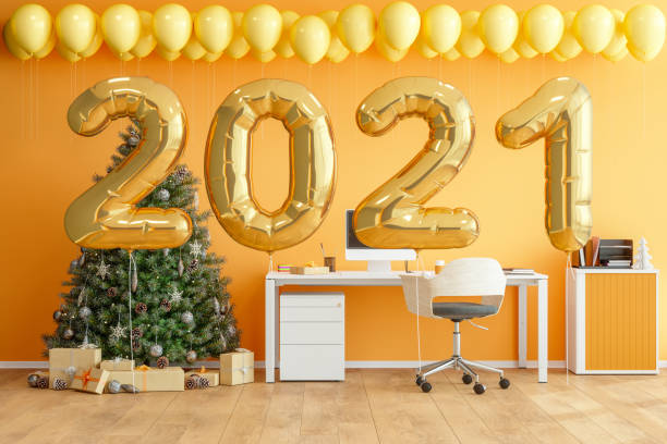 istock Christmas At The Office With A Christmas Tree, Gift Boxes And Balloons 1267080653