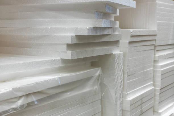 istock Stacks of polystyrene foam in packaging at a building materials warehouse in a store. 1267082022