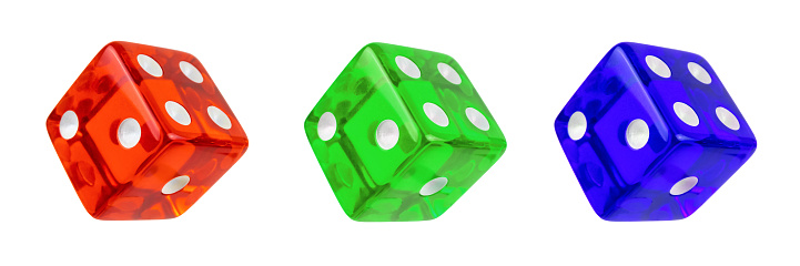 Three colors of the dice: red, green, and blue. Dice closeup isolated on white. The visible result is one, two, four. Blank for the designer. Luck, game and finance concept.