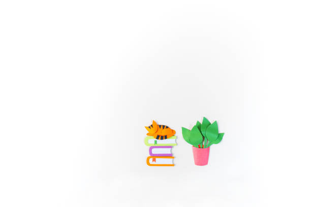 Plant cat paper craft. Back to school education. White background Concept lesson online
