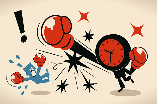 Blue Little Characters Vector Art Illustration.
Deadline, stress and time pressure concept; Blue man is beaten up by an anthropomorphic time (clock).