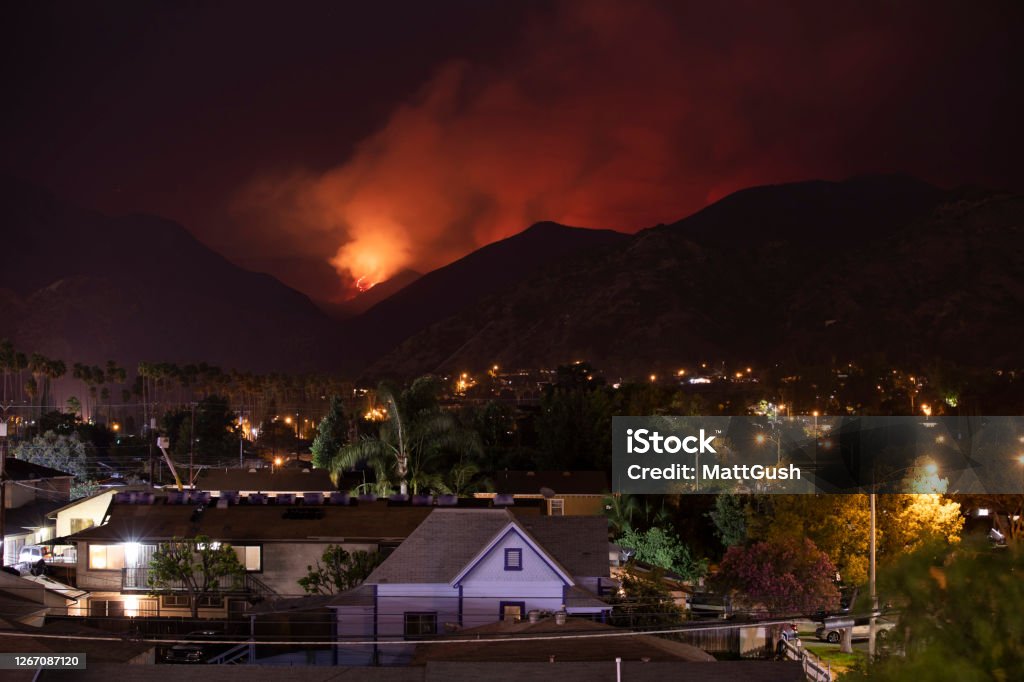 California Wildfire A wildfire burns above the city of Azusa, California. Forest Fire Stock Photo