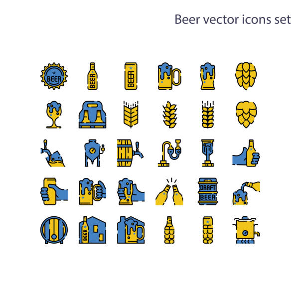 ilustraciones, imágenes clip art, dibujos animados e iconos de stock de elemento básico del conjunto de iconos vectoriales de cerveza. contiene una botella, lata, signo de lúpulo, cebada y trigo, tanque de fermentación, caldera, barril de cerveza de barril, proceso de cerveza y más. icono perfecto de 64x64 píxeles - mug beer barley wheat