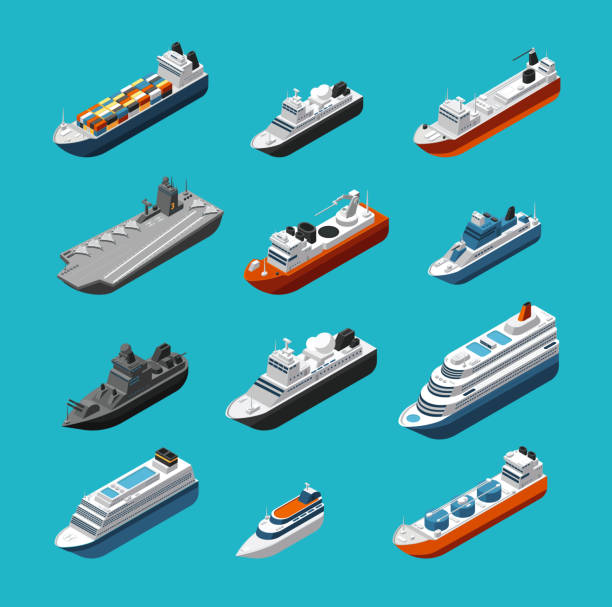 Passenger and cargo ships, sailing boats, yachts and vessels isometric vector transportation icons isolated Passenger and cargo ships, sailing boats, yachts and vessels isometric vector transportation icons isolated. Liner and tugboat, tanker shipping, steamboat illustration industrial ship stock illustrations