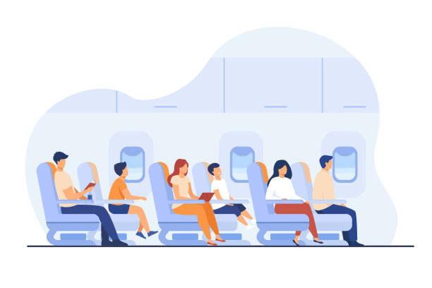 Passengers traveling by plane isolated flat vector illustration Passengers traveling by plane isolated flat vector illustration. Cartoon characters on airplane or aircraft board. Airline transportation, flight and tourism concept airplane interior stock illustrations