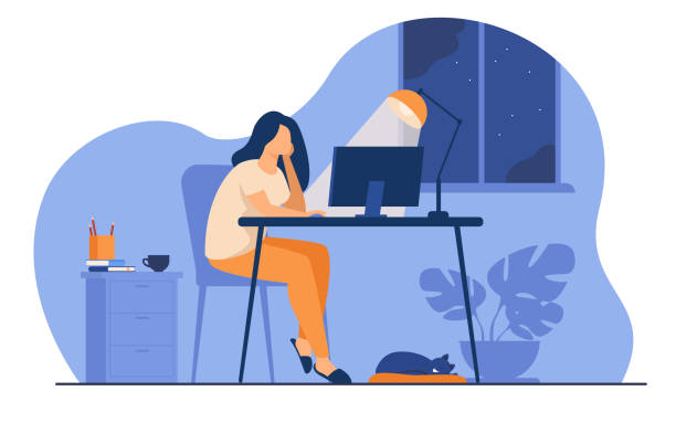 Woman working at night in home office Woman working at night in home office isolated flat vector illustration. Cartoon female student learning via computer or designer late at work. Workplace and sleepless concept learning illustrations stock illustrations