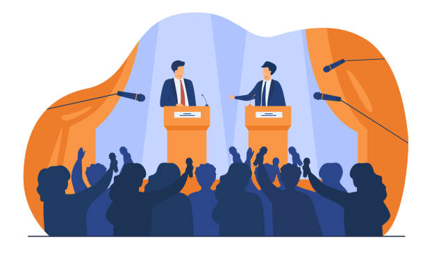 ilustrações, clipart, desenhos animados e ícones de políticos falando ou tendo debates na frente da audiência - politician politics speech podium