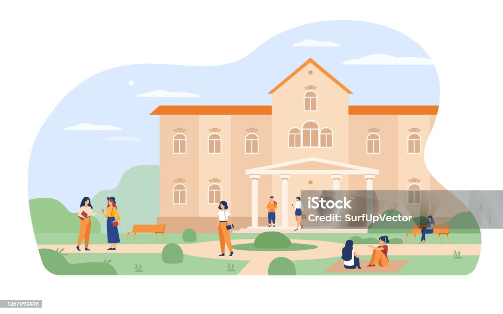 Young Students Walking In Front Of University Or College Stock Illustration  - Download Image Now - iStock