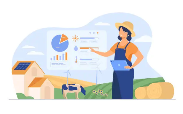 Vector illustration of Happy female farmer working on farm to feed population