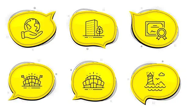 Vector illustration of Lighthouse, Arena stadium and Buildings icons set. Sports arena sign. Vector