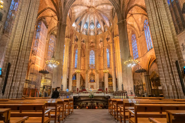 interior of the Barcelona Cathedral, famous historic landmark in the Gothic Quarter (Barri Gotic) of the city.