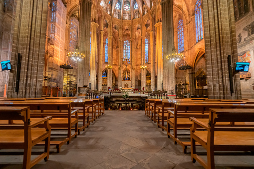 interior of the Barcelona Cathedral, famous historic landmark in the Gothic Quarter (Barri Gotic) of the city.