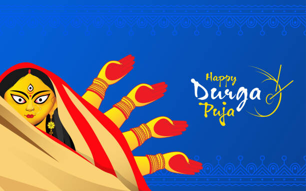 Happy Durga Puja Festival Greeting Happy Durga Puja Festival Greeting Background Template Design with Creative Durga Illustration durga stock illustrations