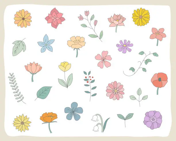 Vector illustration of Set of hand drawn illustrations of flowers and leaves