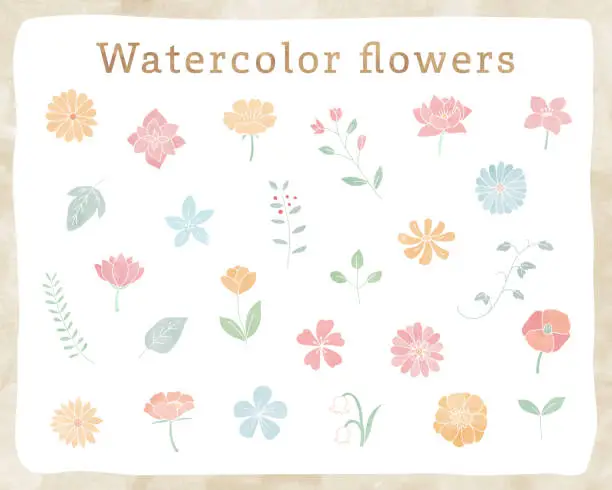 Vector illustration of Set of watercolor illustrations of hand drawn lines of flowers and leaves