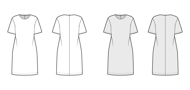 istock Oversized tunic technical fashion illustration with round neck, elbow sleeves, back zip fastening, below-the-knee length 1267095050
