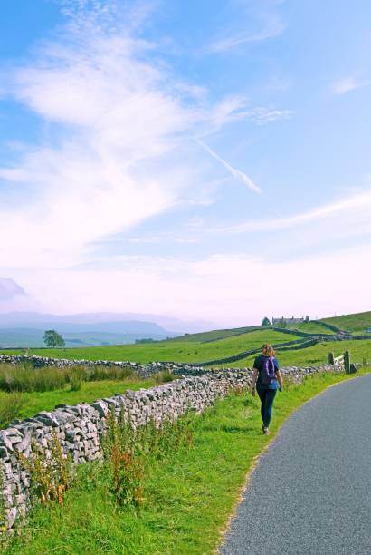 randonneur se dirigeant vers horton à ribblesdale, dans les yorkshire dales, north yorkshire, angleterre. - horton in ribblesdale photos et images de collection