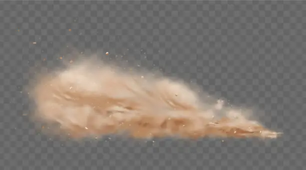 Vector illustration of Road dust cloud with flying stones and particles isolated on transparent background. A cloud of dust sand flying from under the wheels of a fast-moving car or motorcycle. Realistic vector illustration