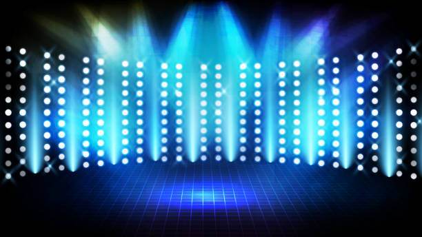 istock abstract futuristic background of blue empty stage Stairs covered with red carpet and lighting spotlgiht stage background 1267097391