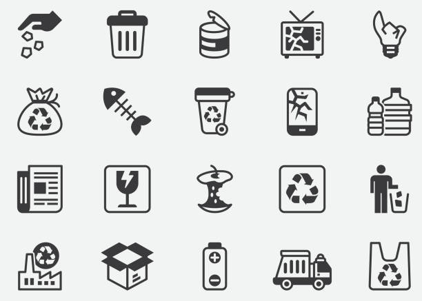 ilustraciones, imágenes clip art, dibujos animados e iconos de stock de iconos perfectos de píxeles de recolección de residuos y reciclaje - recycling paper garbage landfill