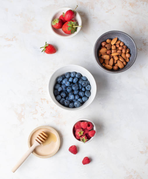 Healthy diet. Useful ingredients. Delicious summer berries. Useful nuts.