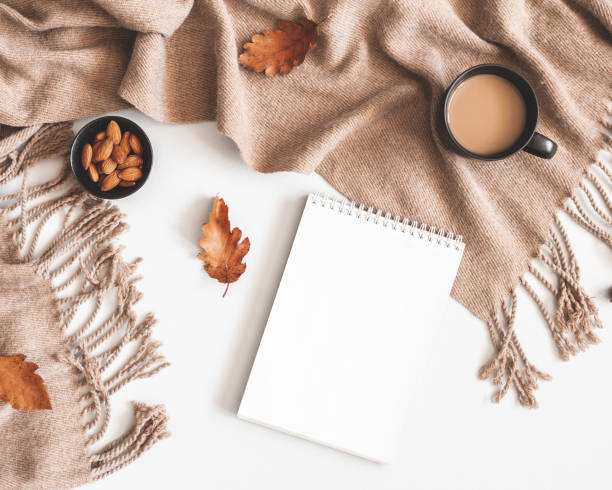 istock Autumn composition. Cup of coffee, plaid, notepad, autumn leaves on white background. Flat lay, top view 1267104594