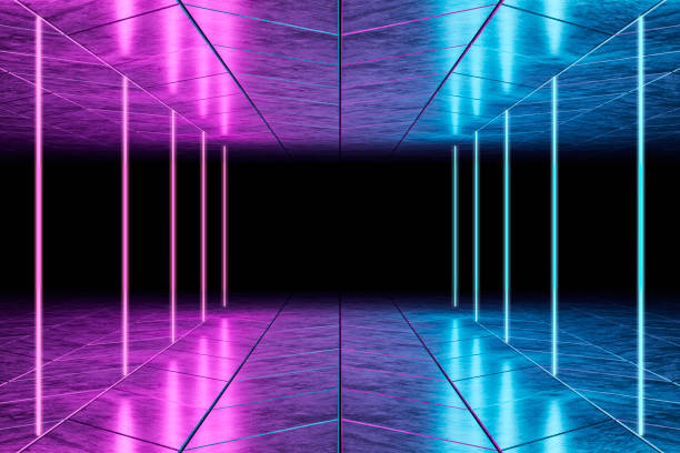 moderne leere abstrakte innenraum von blau rosa neon lichter beleuchtet, 80er jahre retro-stil, stock-foto - dance and electronic blue shiny empty stock-fotos und bilder