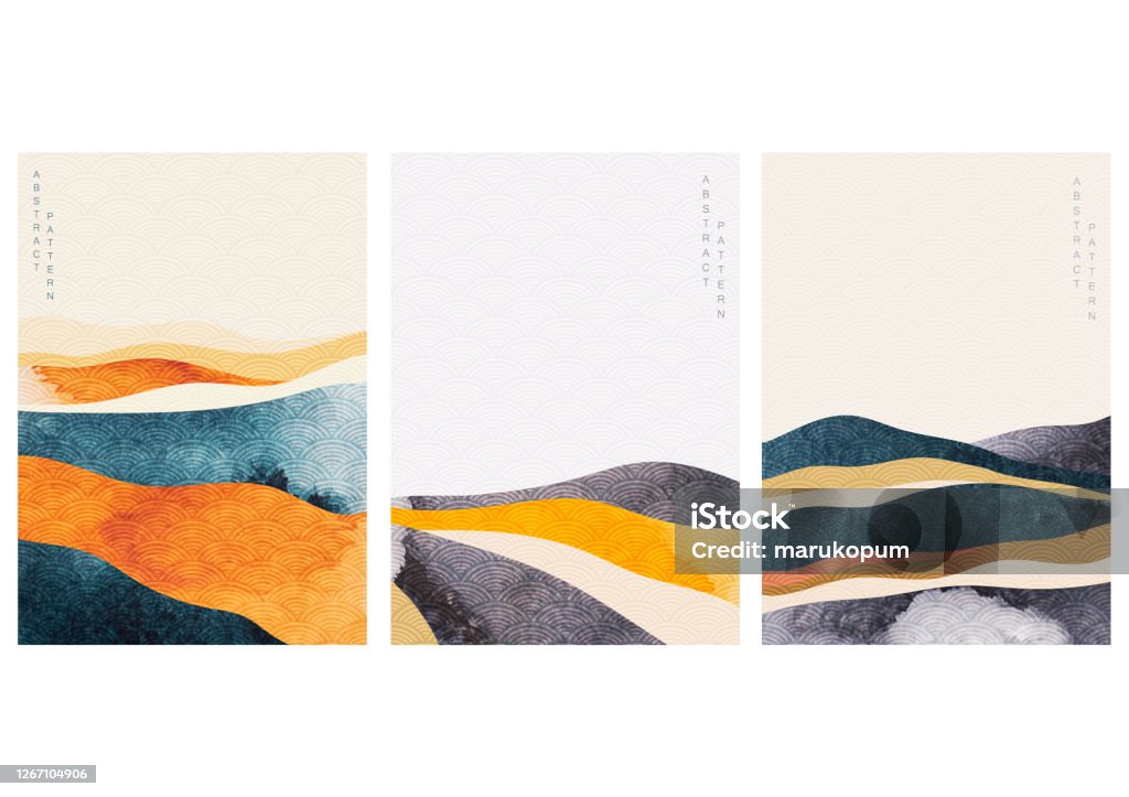 Abstrakt landskap bakgrund med japanska våg mönster vektor. Akvarell textur i kinesisk stil. Illustration av bergsskogsmall. - Royaltyfri Mönster vektorgrafik