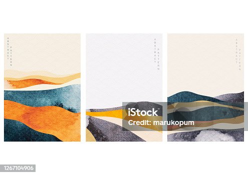 istock Abstract landscape background with Japanese wave pattern vector. Watercolor texture in Chinese style. Mountain forest template illustration. 1267104906